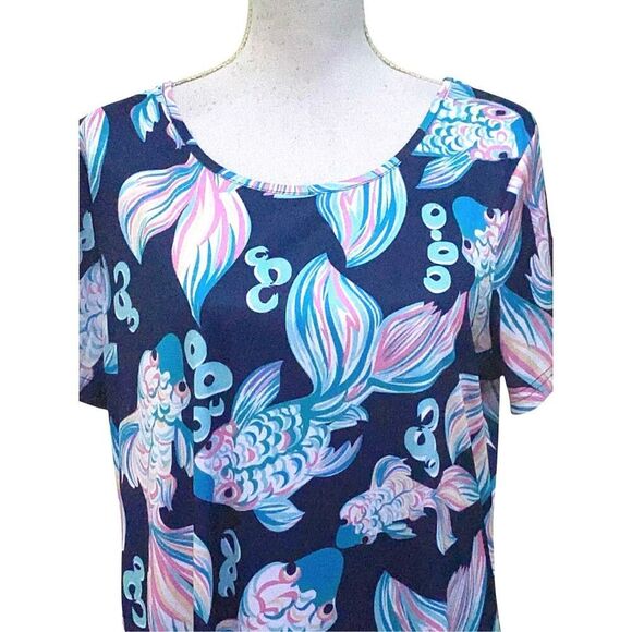 Abby Joy by Tango Mango Dress XL Navy Blue Fish Print Short Sleeve Shift Dress - Picture 2 of 4